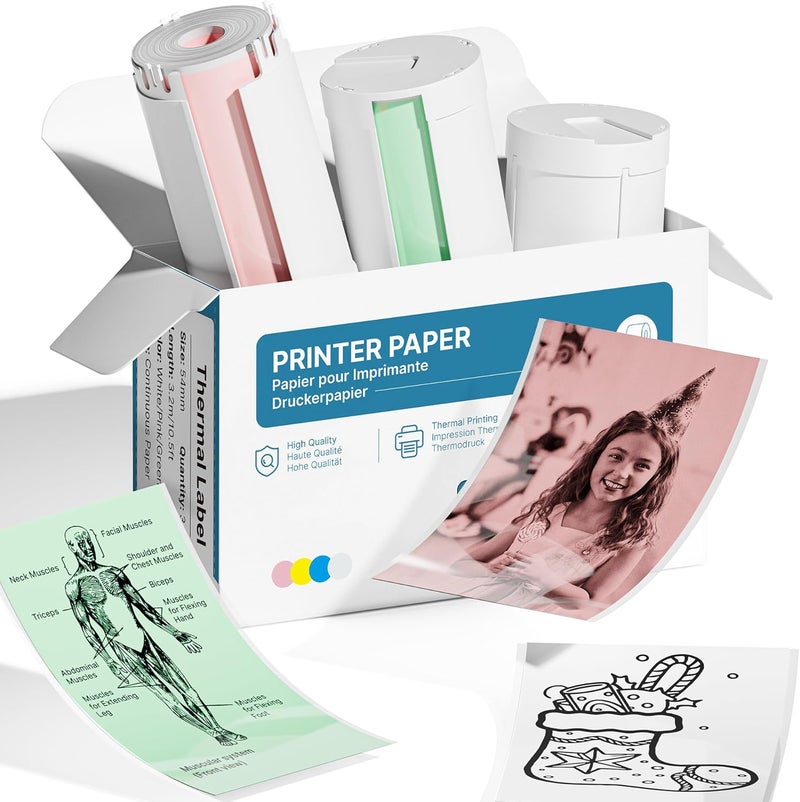 TYPONOS Genuine Self-Adhesive Thermal Printer Stickers, 54mmx3.2m Sticker Paper, Compatible with PM290 Mini Sticker Printer, Thermal Sticker Paper for Journal, Study, Photos, 3 Rolls, White/Pink/Green - Image 1